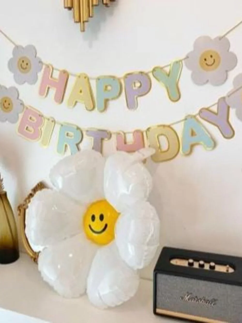Pastel Happy Birthday Banner with Daisy Flowers, Kids Birthday Garland Decor